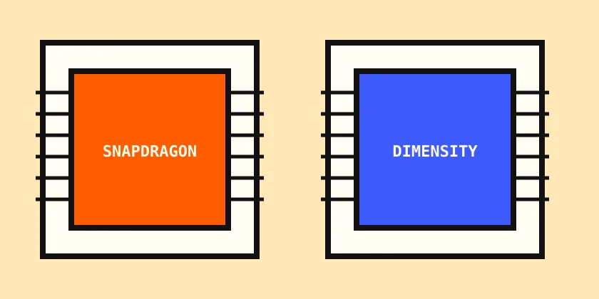 Ilustração de dois circuitos integrados lado a lado, um laranja e um azul, representando Snapdragon e Dimensity