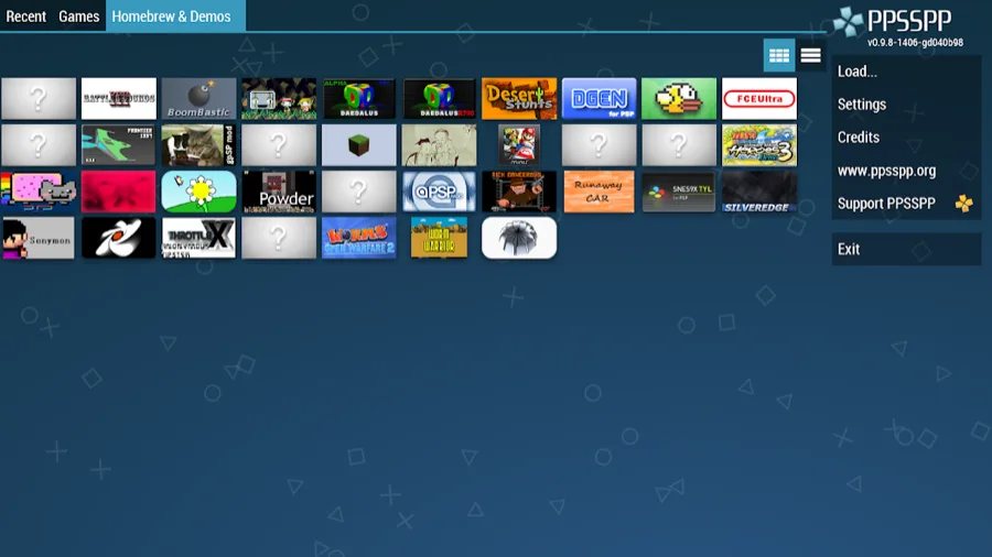 Captura de ecrã do PPSSPP a mostrar a biblioteca de jogos homebrew e demos, com o menu lateral de Load, Settings e Credits